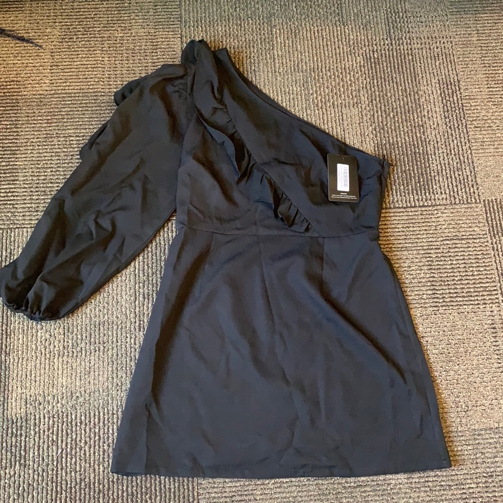 Black one shoulder ruffle sleeve dress, size 12